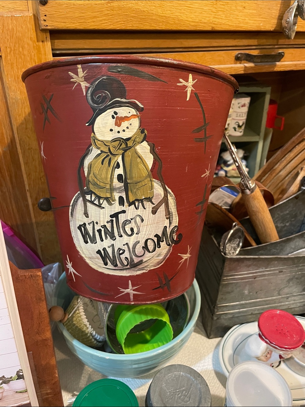 Primitive Winter  Welcome Red Holiday Decorative Metal Bucket